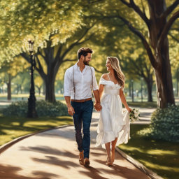 Romantic couple walking in a park